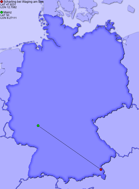 Distance from Scharling bei Waging am See to Mainz