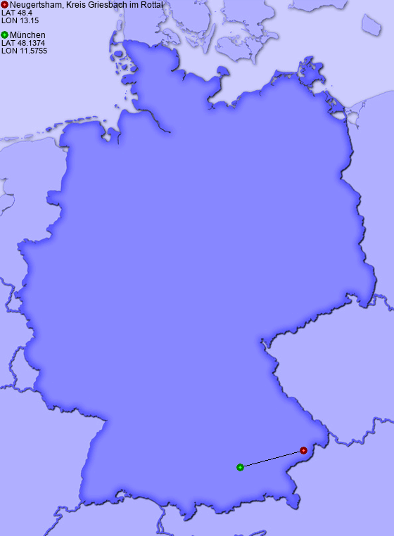 Distance from Neugertsham, Kreis Griesbach im Rottal to München