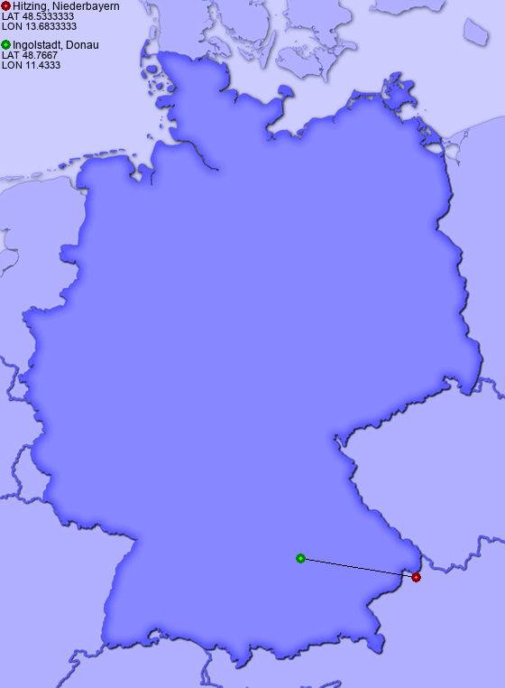 Distance from Hitzing, Niederbayern to Ingolstadt, Donau