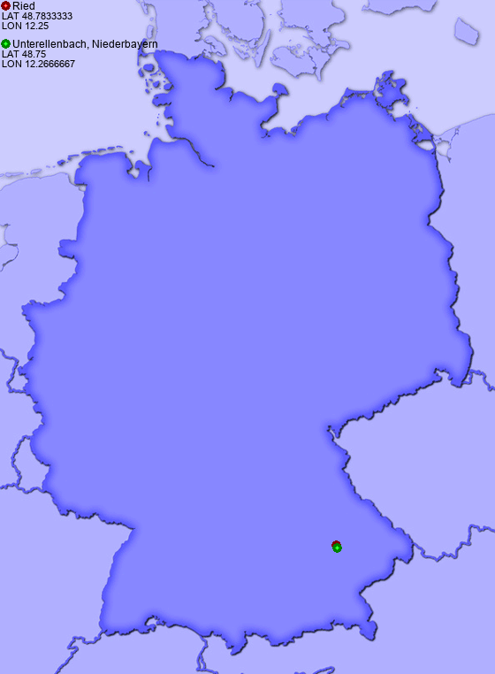 Distance from Ried to Unterellenbach, Niederbayern