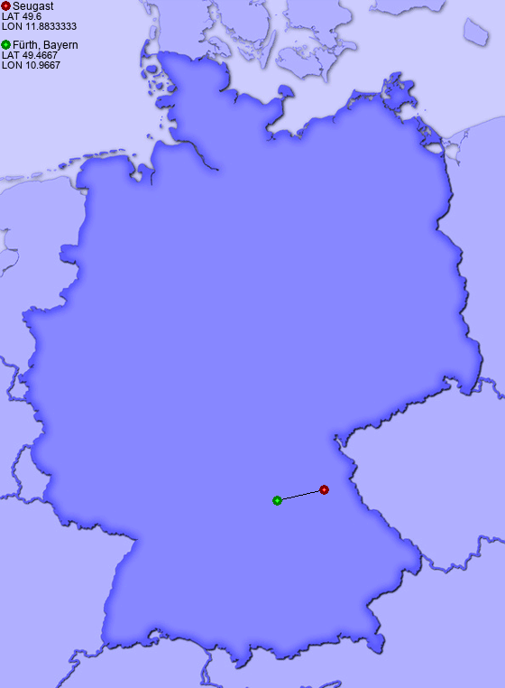 Distance from Seugast to Fürth, Bayern