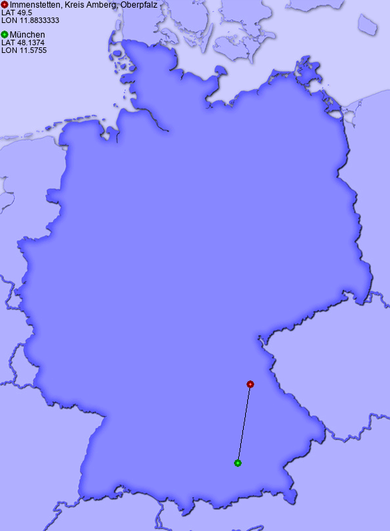 Distance from Immenstetten, Kreis Amberg, Oberpfalz to München