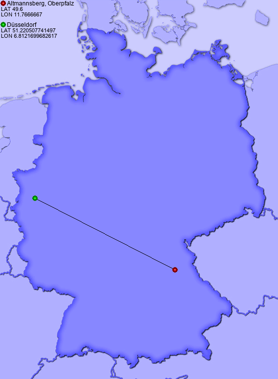 Distance from Altmannsberg, Oberpfalz to Düsseldorf
