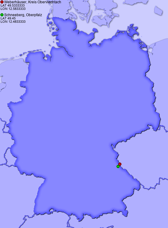 Distance from Weberhäuser, Kreis Oberviechtach to Schneeberg, Oberpfalz