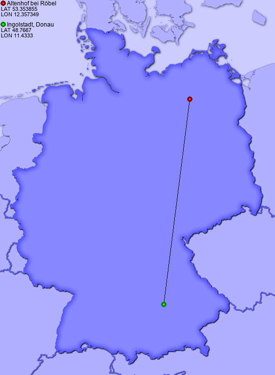 Distance from Altenhof bei Röbel to Ingolstadt, Donau
