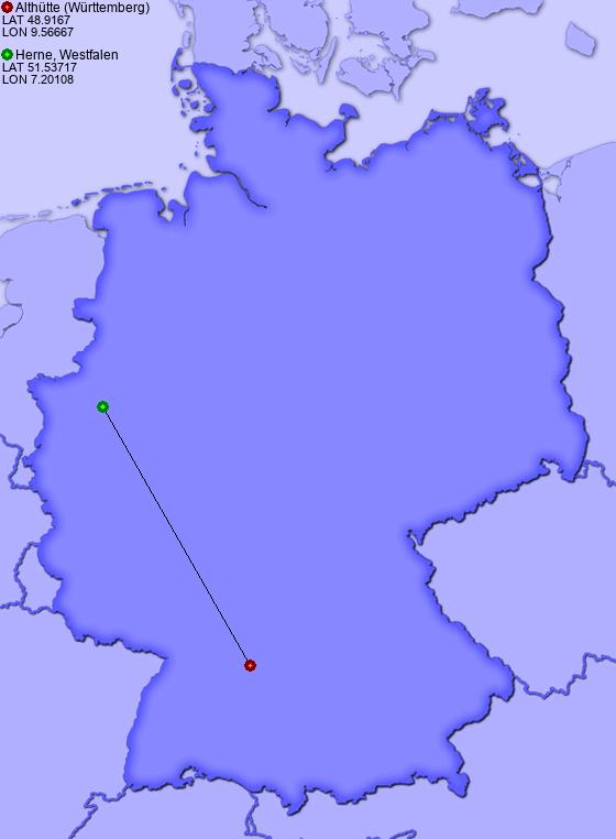 Distance from Althütte (Württemberg) to Herne, Westfalen