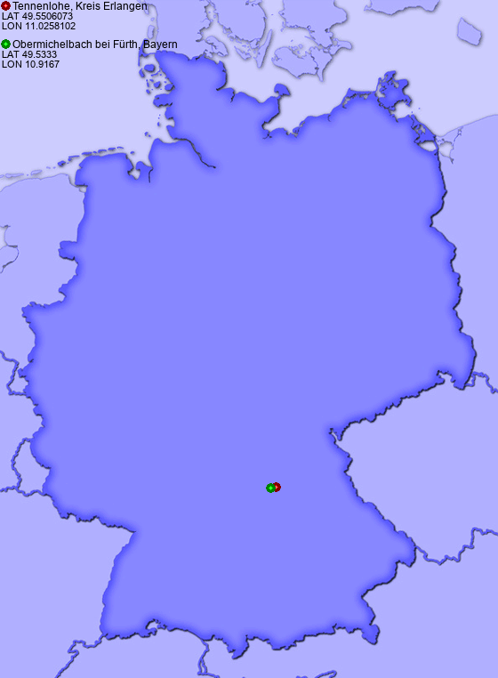 Distance from Tennenlohe, Kreis Erlangen to Obermichelbach bei Fürth, Bayern