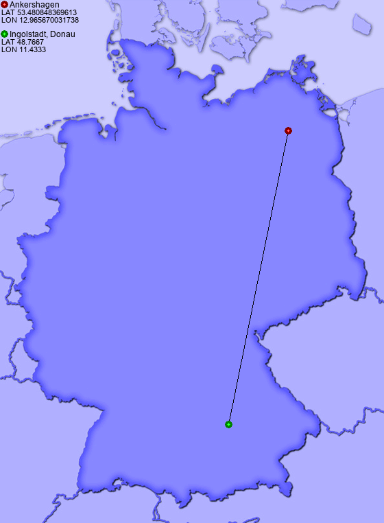 Distance from Ankershagen to Ingolstadt, Donau
