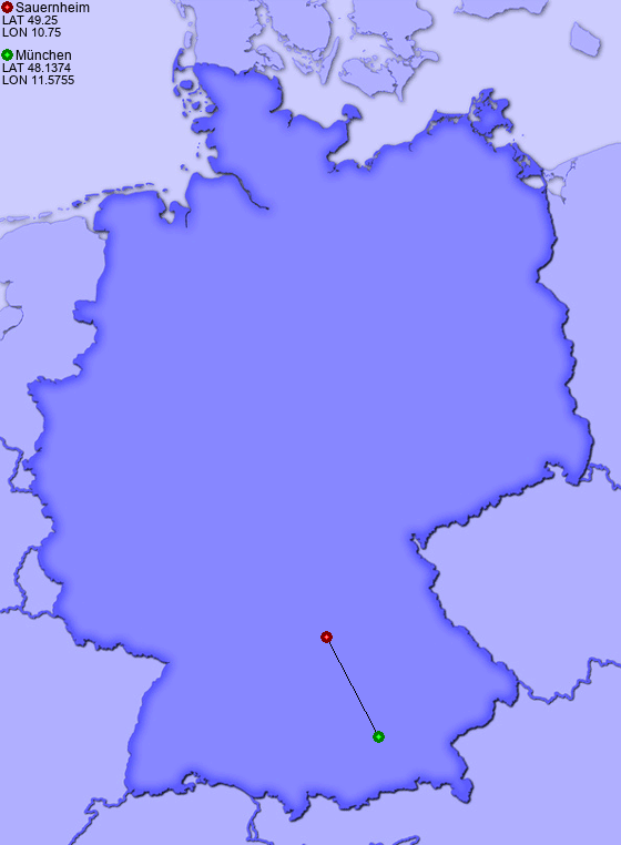 Distance from Sauernheim to München