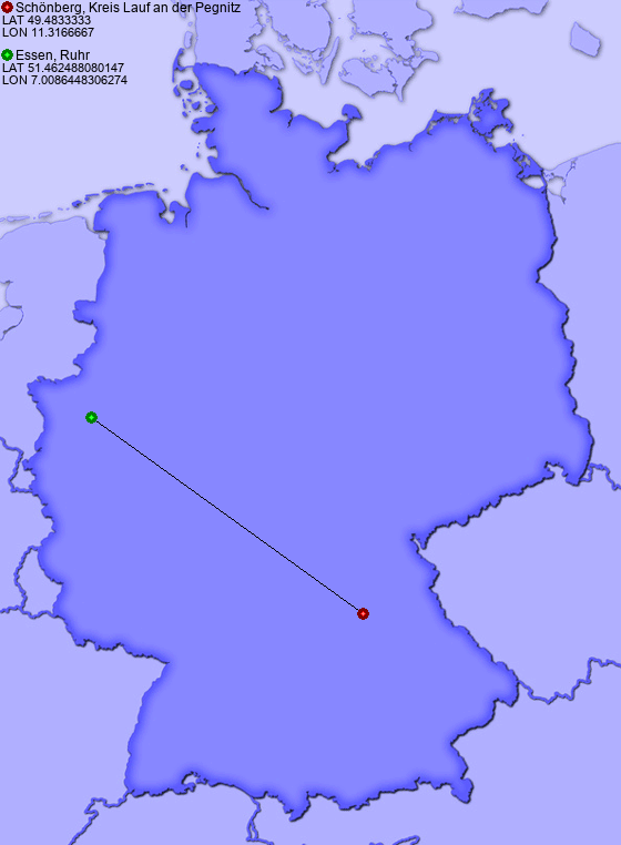 Distance from Schönberg, Kreis Lauf an der Pegnitz to Essen, Ruhr