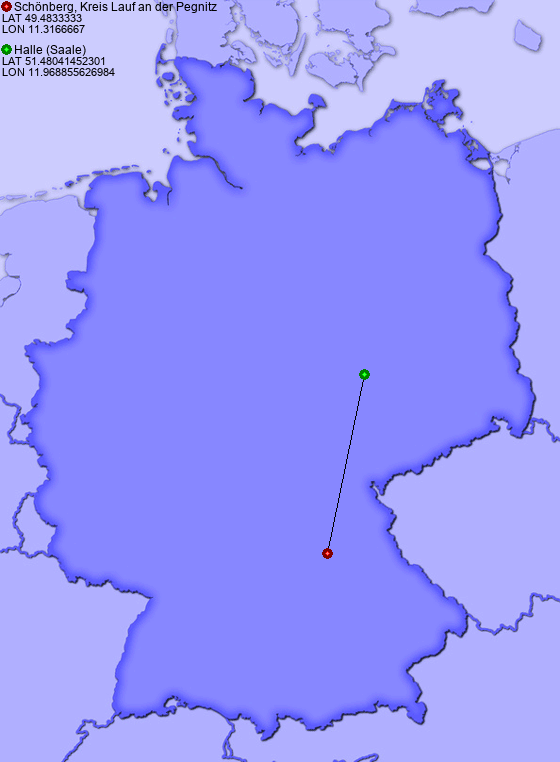 Distance from Schönberg, Kreis Lauf an der Pegnitz to Halle (Saale)