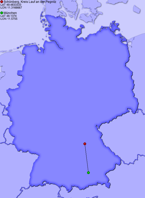 Distance from Schönberg, Kreis Lauf an der Pegnitz to München