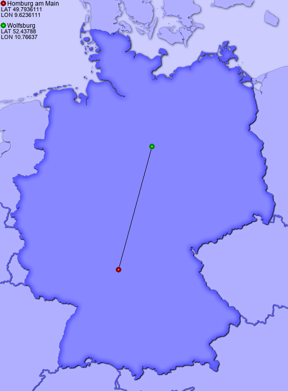 Distance from Homburg am Main to Wolfsburg