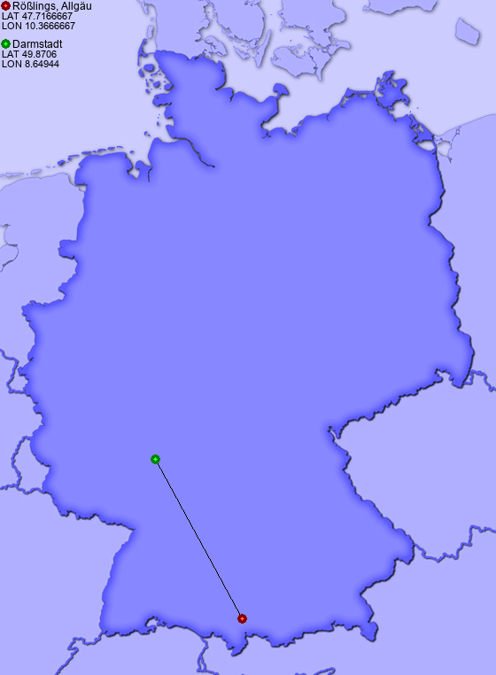 Distance from Rößlings, Allgäu to Darmstadt