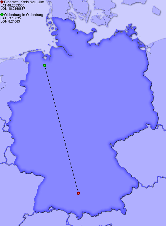 Distance from Biberach, Kreis Neu-Ulm to Oldenburg in Oldenburg