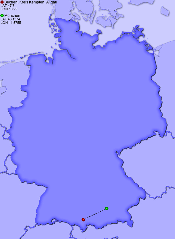 Distance from Bechen, Kreis Kempten, Allgäu to München
