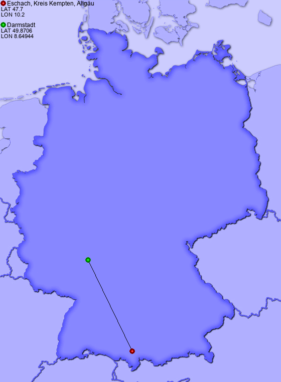 Distance from Eschach, Kreis Kempten, Allgäu to Darmstadt