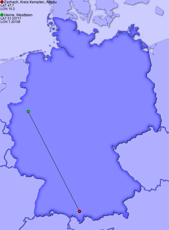 Distance from Eschach, Kreis Kempten, Allgäu to Herne, Westfalen