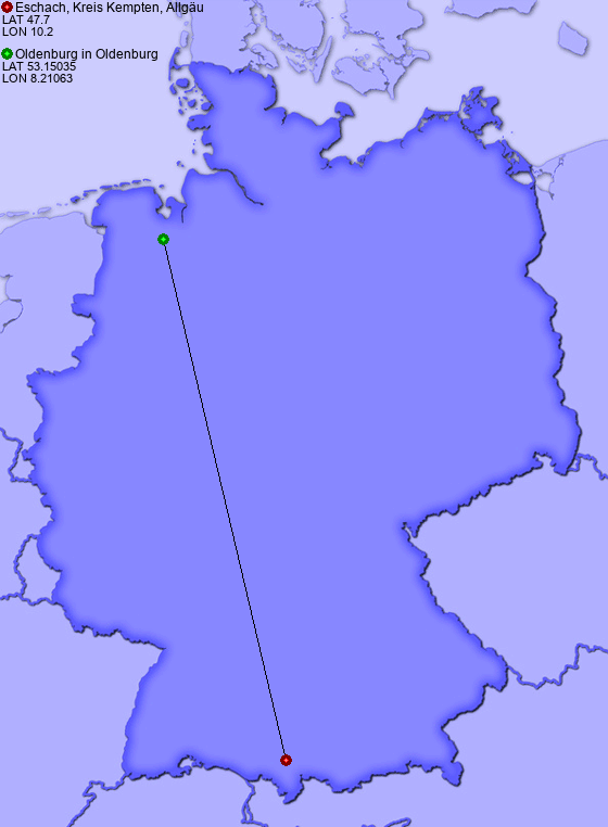 Distance from Eschach, Kreis Kempten, Allgäu to Oldenburg in Oldenburg
