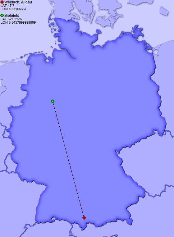 Distance from Weidach, Allgäu to Bielefeld