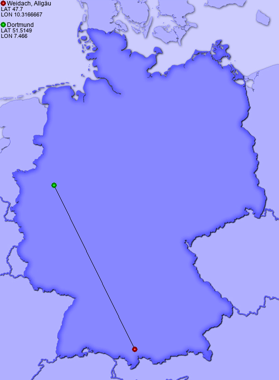 Distance from Weidach, Allgäu to Dortmund