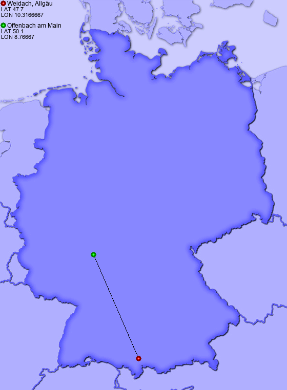 Distance from Weidach, Allgäu to Offenbach am Main