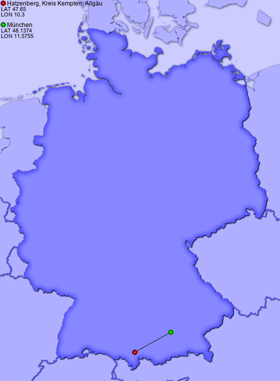 Distance from Hatzenberg, Kreis Kempten, Allgäu to München