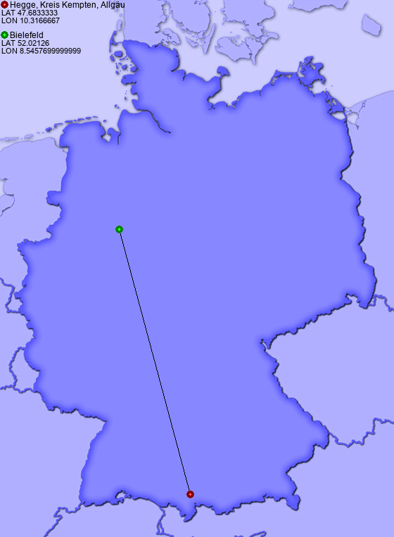 Distance from Hegge, Kreis Kempten, Allgäu to Bielefeld