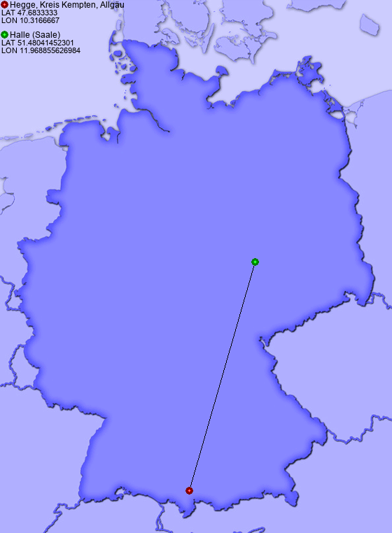 Distance from Hegge, Kreis Kempten, Allgäu to Halle (Saale)