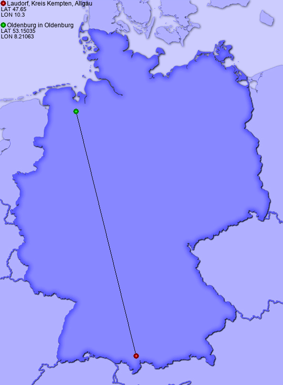 Distance from Laudorf, Kreis Kempten, Allgäu to Oldenburg in Oldenburg