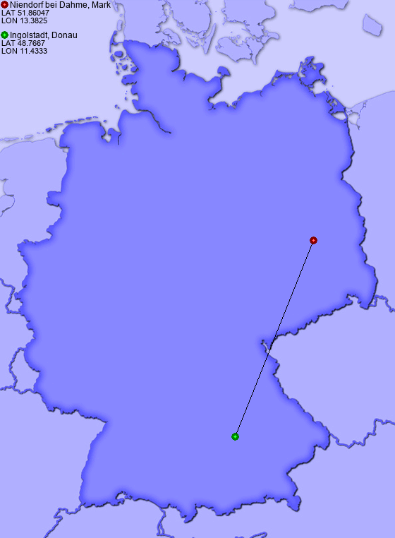 Distance from Niendorf bei Dahme, Mark to Ingolstadt, Donau
