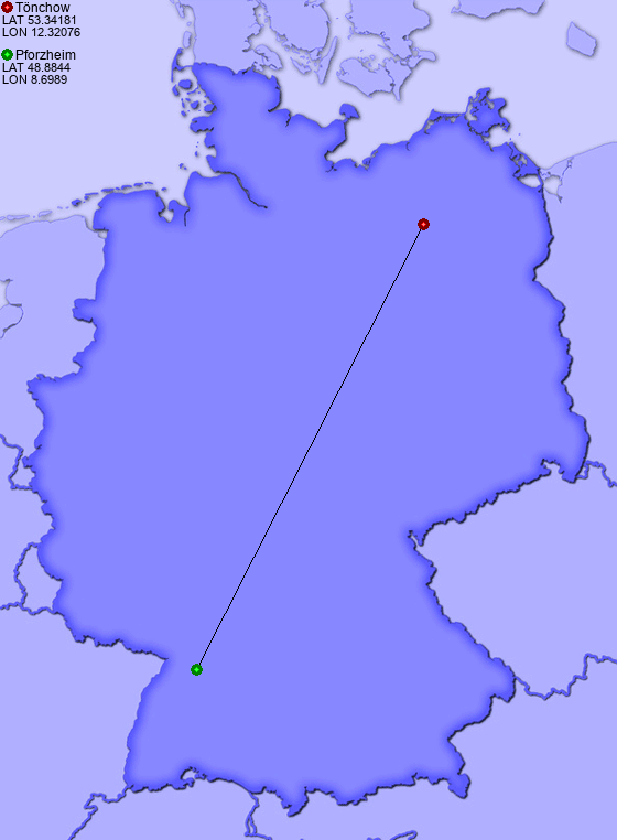 Distance from Tönchow to Pforzheim