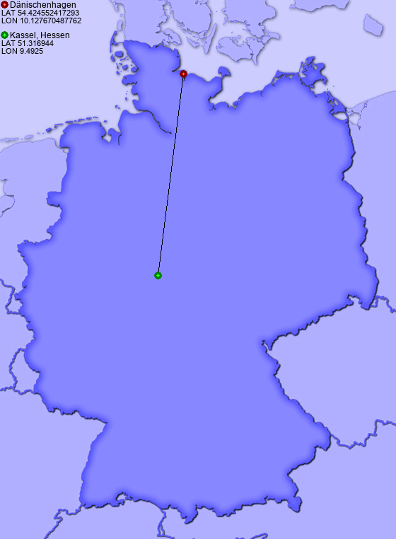 Distance from Dänischenhagen to Kassel, Hessen