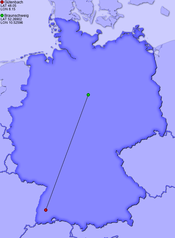 Distance from Gütenbach to Braunschweig