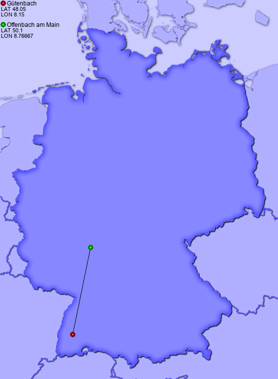 Distance from Gütenbach to Offenbach am Main