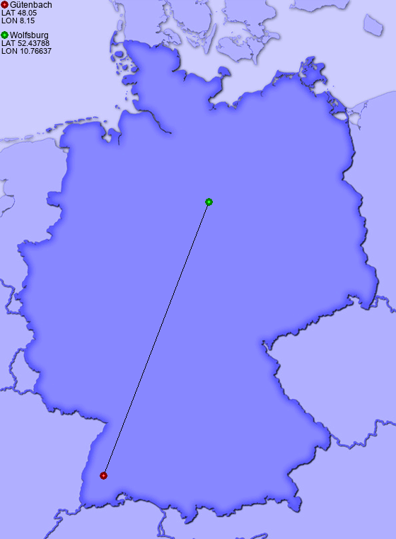 Distance from Gütenbach to Wolfsburg