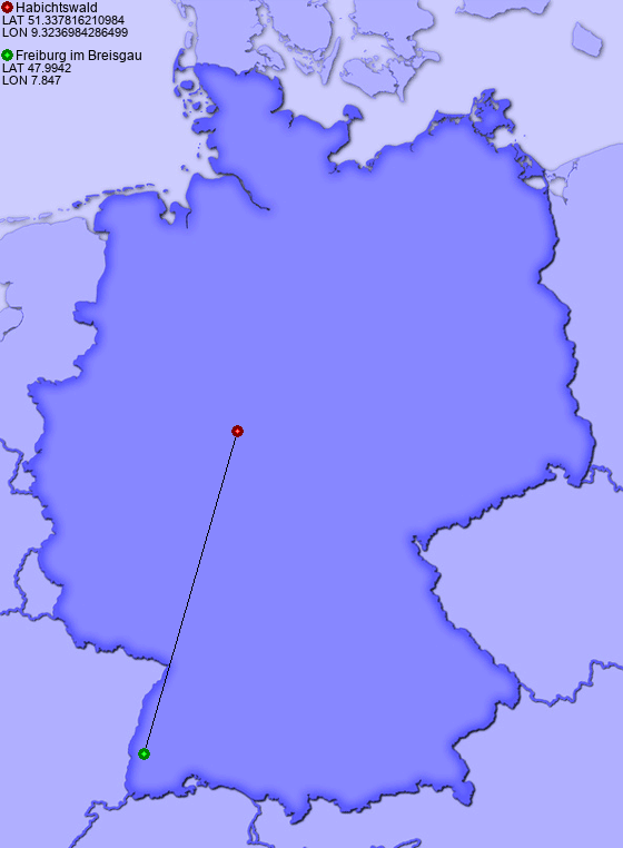Distance from Habichtswald to Freiburg im Breisgau
