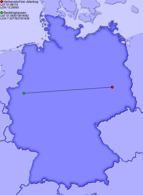 Distance from Herbersdorf bei Jüterbog to Recklinghausen