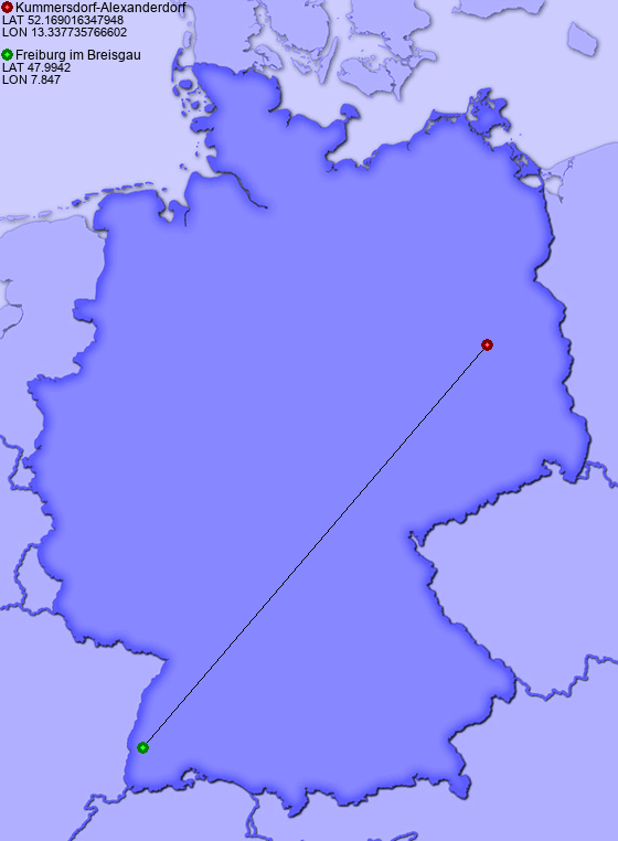 Distance from Kummersdorf-Alexanderdorf to Freiburg im Breisgau