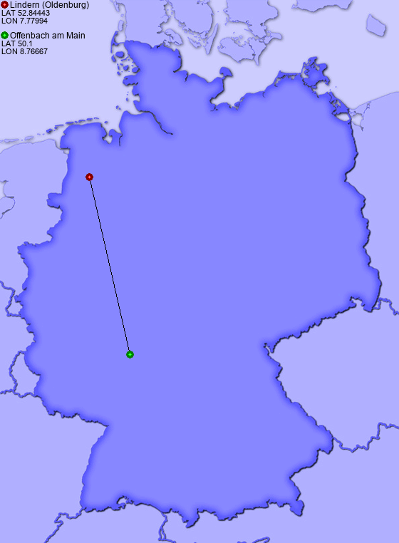 Distance from Lindern (Oldenburg) to Offenbach am Main