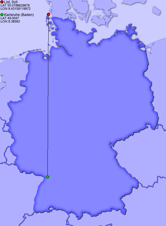 Distance from List, Sylt to Karlsruhe (Baden)