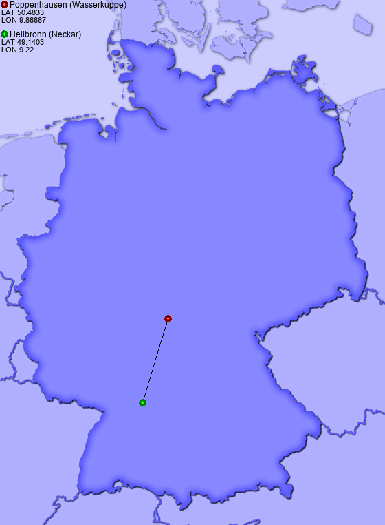 Distance from Poppenhausen (Wasserkuppe) to Heilbronn (Neckar)