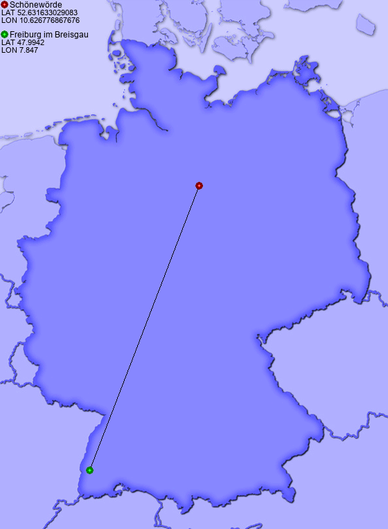 Distance from Schönewörde to Freiburg im Breisgau