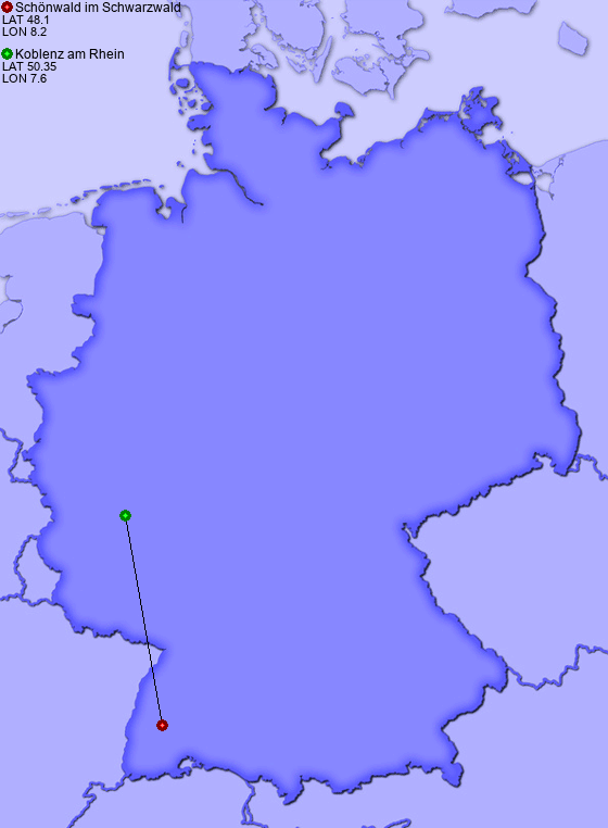 Distance from Schönwald im Schwarzwald to Koblenz am Rhein