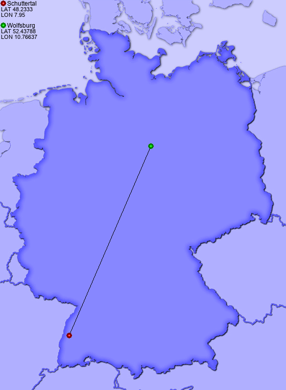 Distance from Schuttertal to Wolfsburg