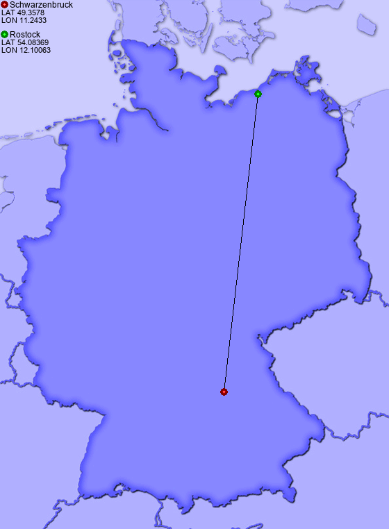 Distance from Schwarzenbruck to Rostock