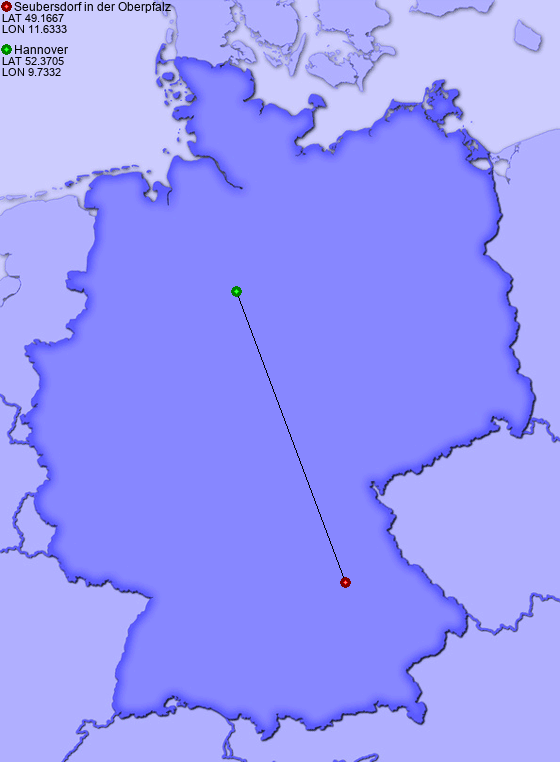 Distance from Seubersdorf in der Oberpfalz to Hannover