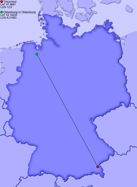 Distance from Traunreut to Oldenburg in Oldenburg