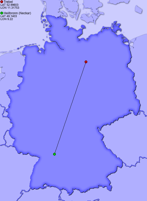 Distance from Trebel to Heilbronn (Neckar)