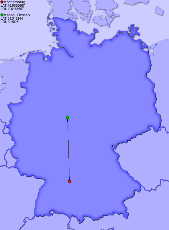 Distance from Köchersberg to Kassel, Hessen